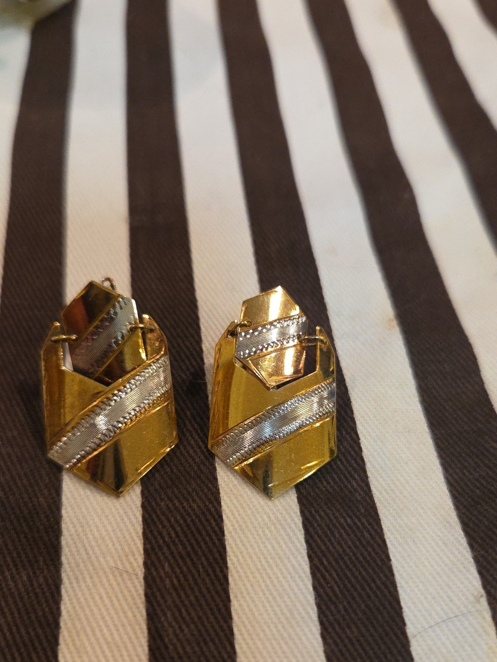 Vintage Two Tone Gold Silver Diamond Cut Geometric Shield Earrings